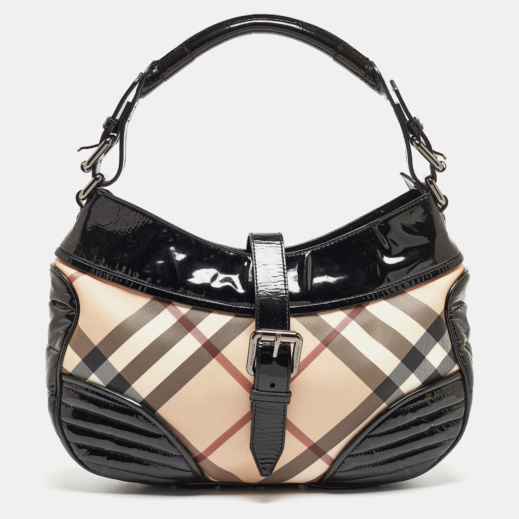 BURBERRY Black/Beige Nova Check PVC and Patent Leather Hobo