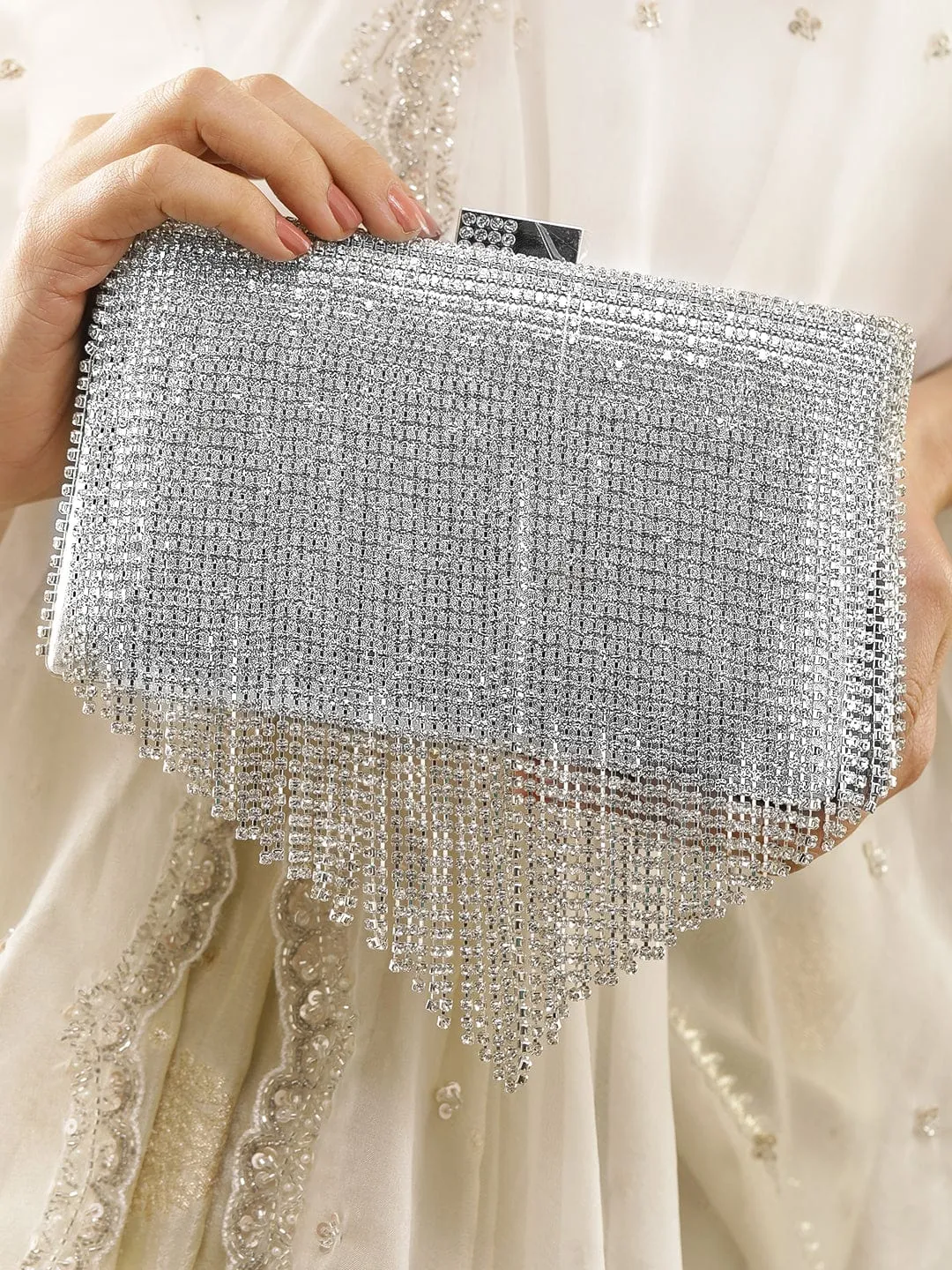 Rubans Silver-Toned Shimmery Cubic Zirconia Layering  Embellished Clutch