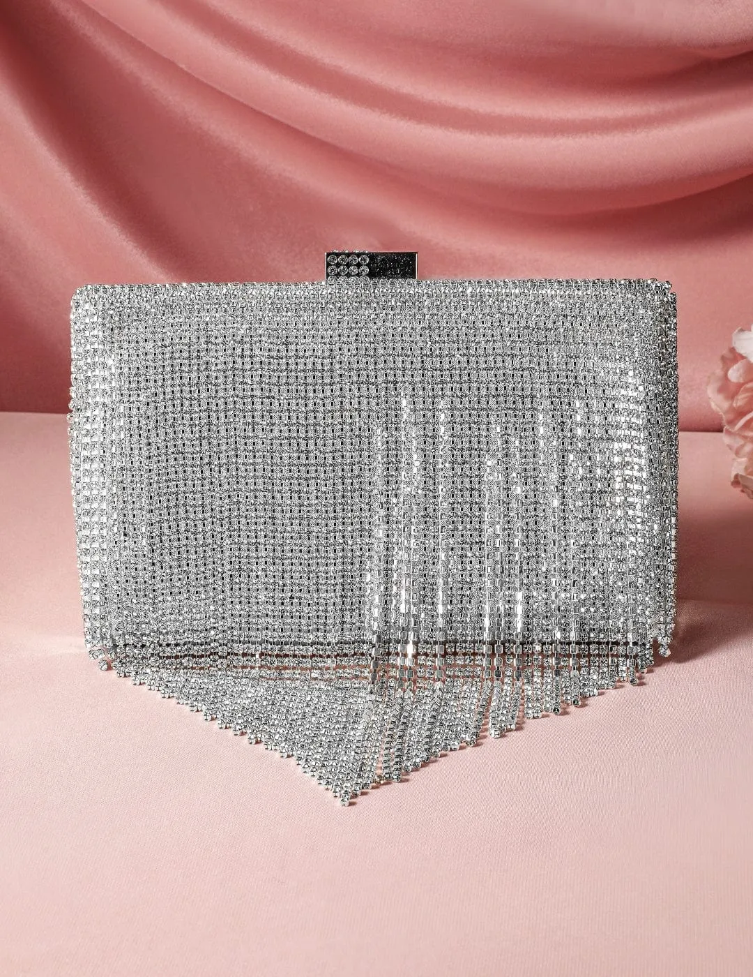 Rubans Silver-Toned Shimmery Cubic Zirconia Layering  Embellished Clutch