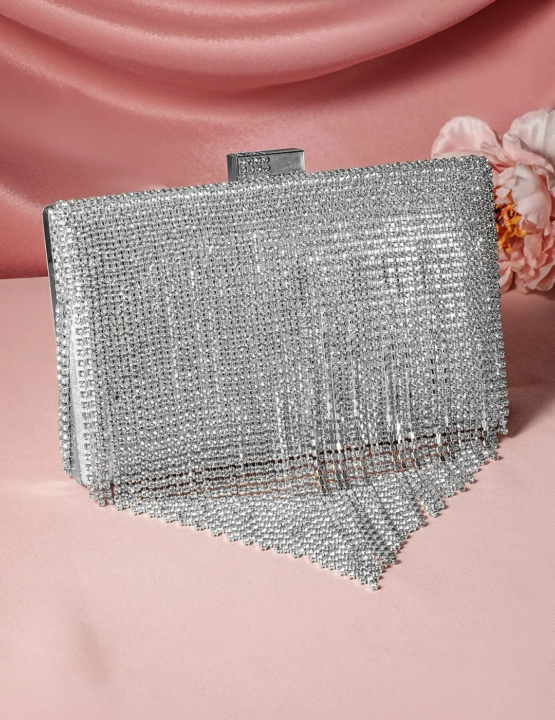 Rubans Silver-Toned Shimmery Cubic Zirconia Layering  Embellished Clutch