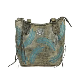 Sacred Bird Zip Top Bucket Tote - Charcoal Brown/Turquoise 7570